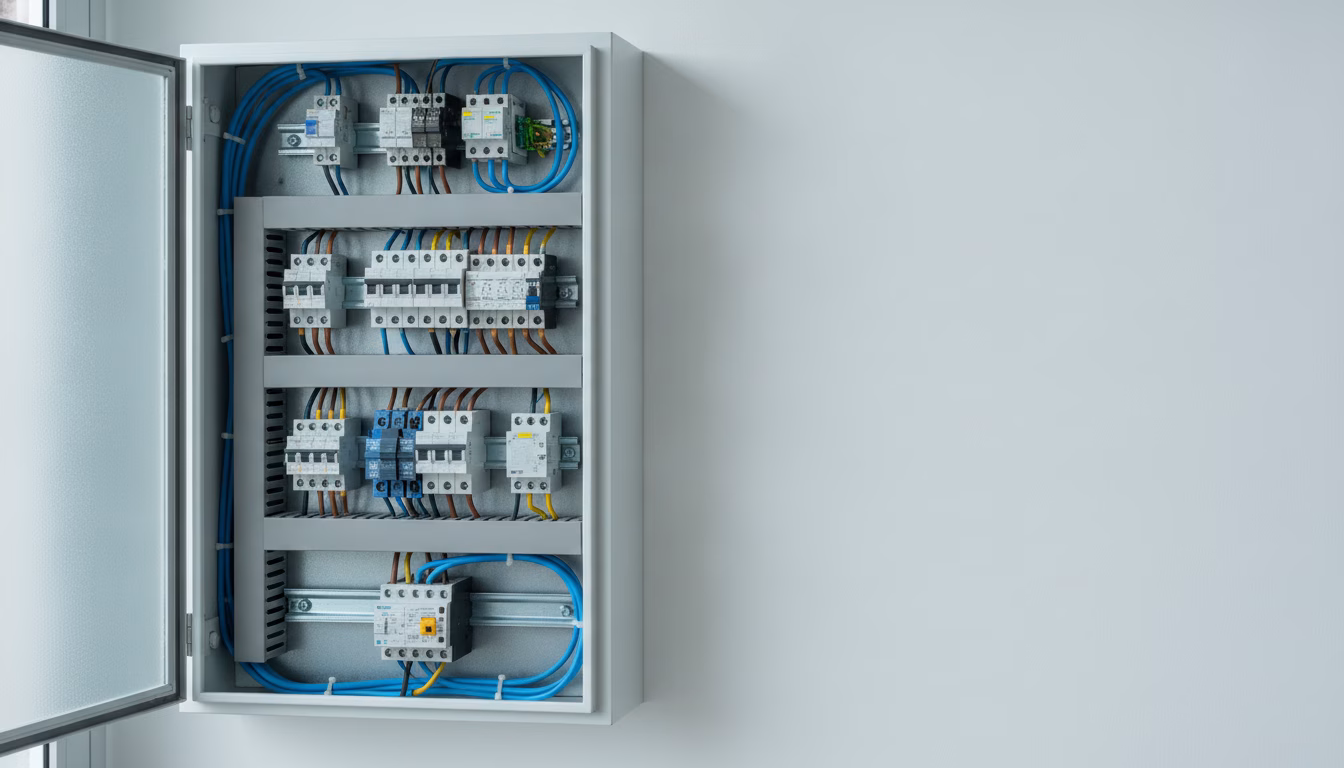 Ein moderner Verteilerkasten mit FI-Schaltern, Leitungsschutzschaltern und einem Überspannungsschutzmodul auf Hutschienen, sauber verdrahtet, professionelle Elektroinstallation, kühles Tageslicht, fot (KI-Bild)