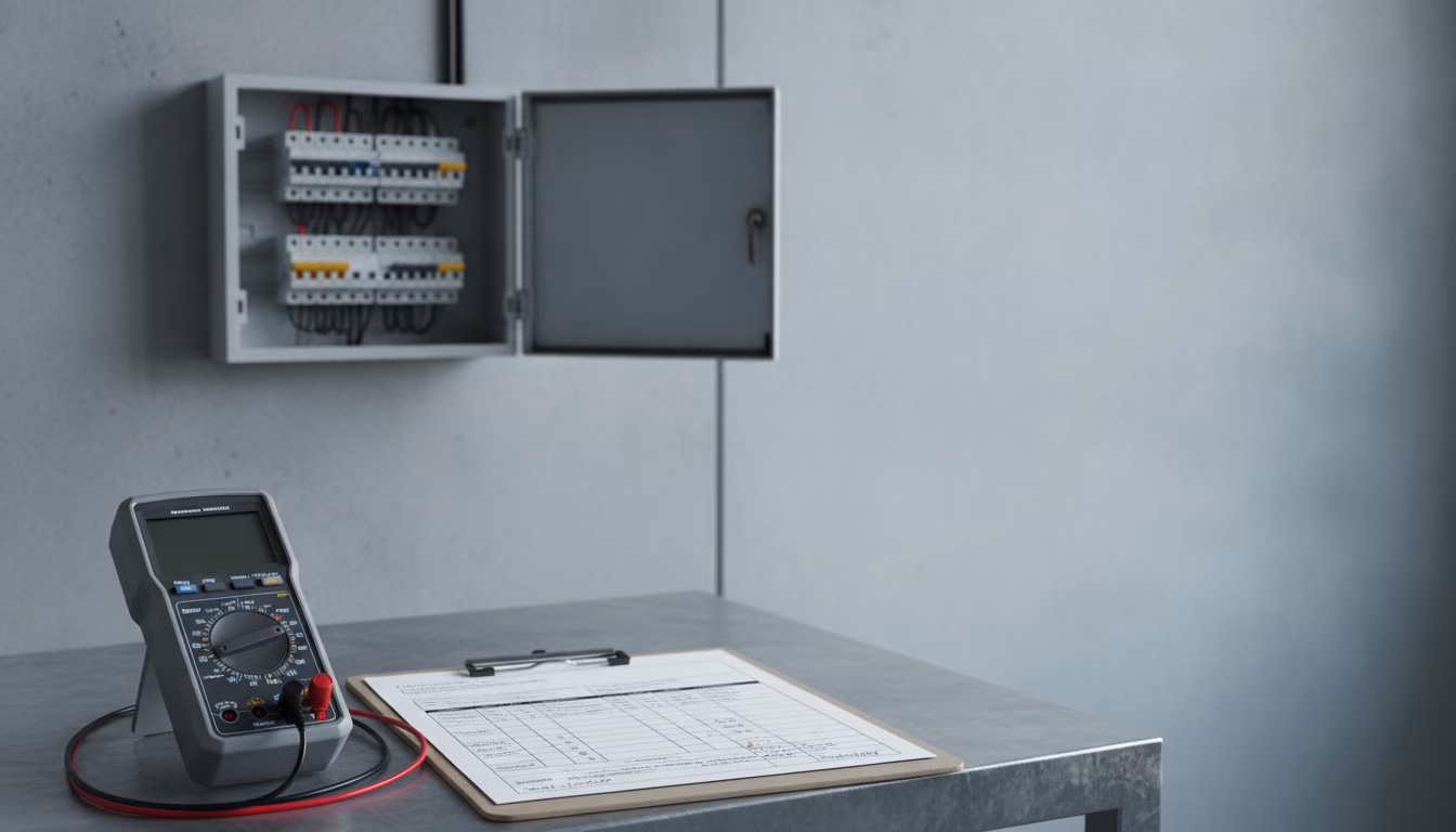 Multimeter und Prüfprotokoll vor geöffnetem Sicherungsverteiler bei der Elektroprüfung