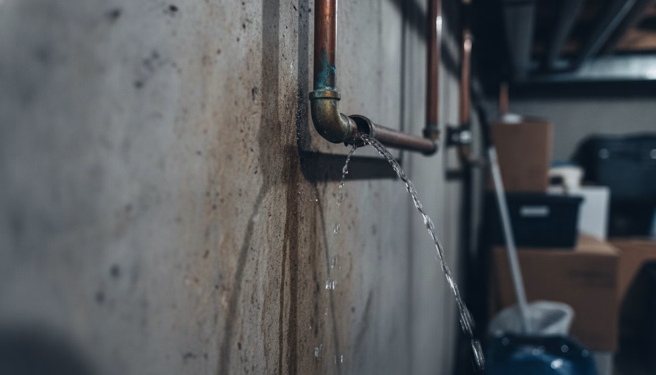 Wasser tritt aus einem gebrochenen Kupferrohr an einer Wand im Keller eines Mehrfamilienhauses, feuchte Spuren am Mauerwerk, technische Stimmung, fotorealistische redaktionelle Stockfotografie, gering (KI-Bild)