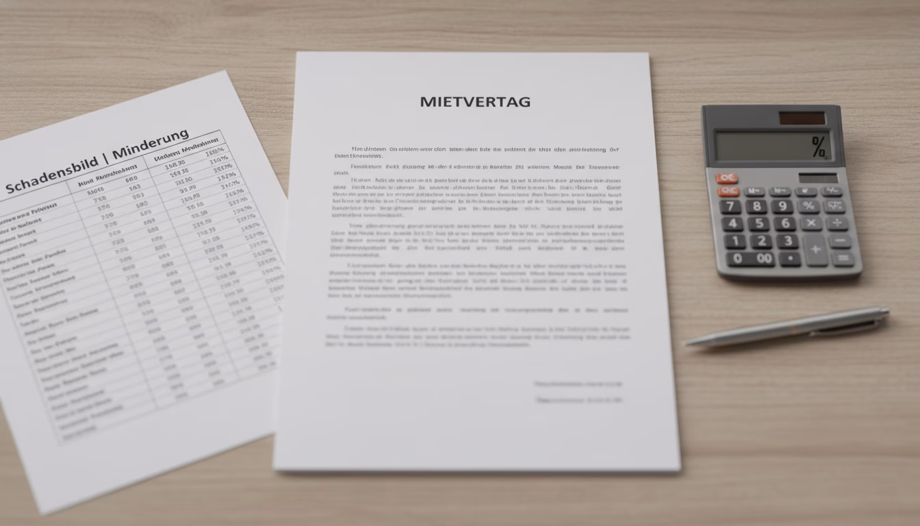 Editorial overhead flat-lay shot of a clean wooden desk: an open Mietvertrag document at the center (text blurred), a calculator (neutral gray, no brand) showing a percentage symbol on its display, a (KI-Bild)