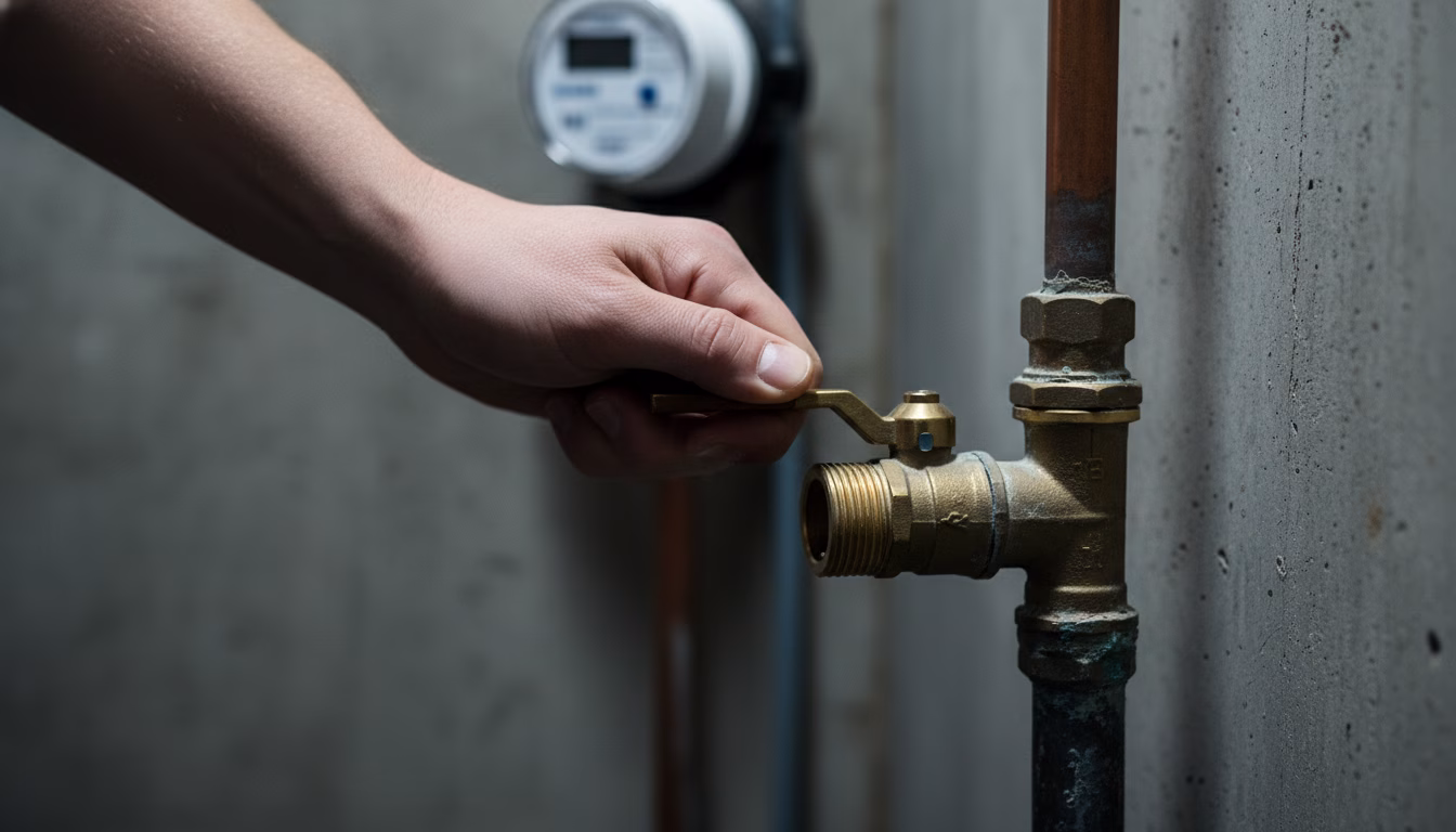 Tight close-up of a person's hand (only hand visible, neutral skin tone, no jewelry, no nail polish) gripping a brass-colored Hauptabsperrhahn (main water shut-off valve) on a copper supply pipe in a (KI-Bild)