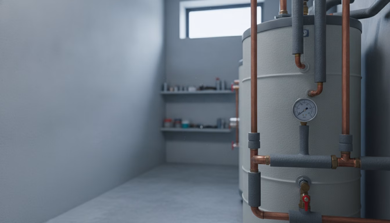 Ein Warmwasserspeicher mit isolierten Rohren und einem Temperaturmessgerät in einem sauberen Heizungskeller, professionelle Sanitärinstallation, kühles Tageslicht, fotorealistische redaktionelle Stock (KI-Bild)