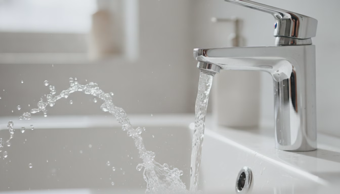 Wasserhahn beim Ausspülen von Stagnationswasser nach dem Urlaub