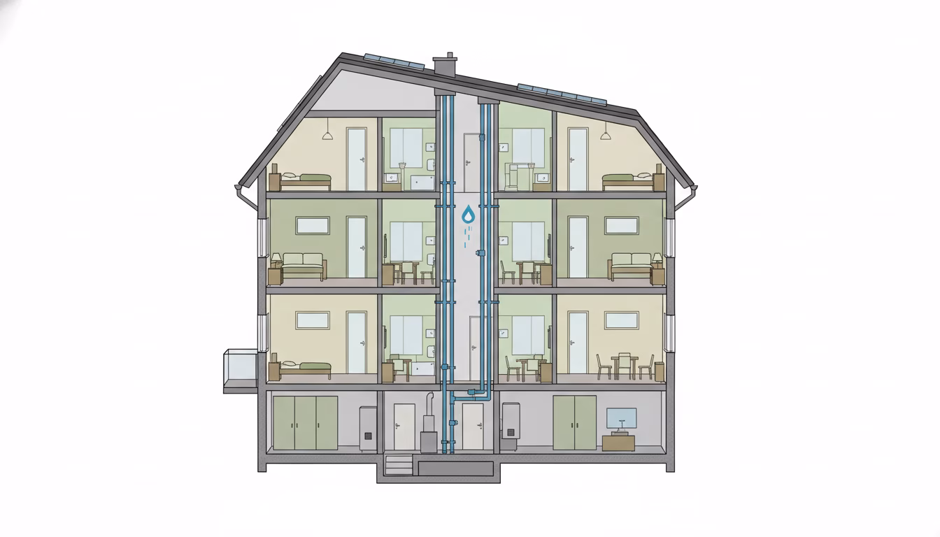 Architectural cross-section illustration of a 4-storey German Mehrfamilienhaus showing the building cut open, revealing internal Steigleitungen (vertical pipes) running between apartments. The pipes a (KI-Bild)