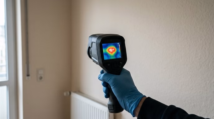 Editorial photorealistic shot of an anonymous technician's gloved hand holding a Wärmebildkamera (thermal imaging camera, generic body, no visible brand) up to a beige interior wall. The camera's smal (KI-Bild)
