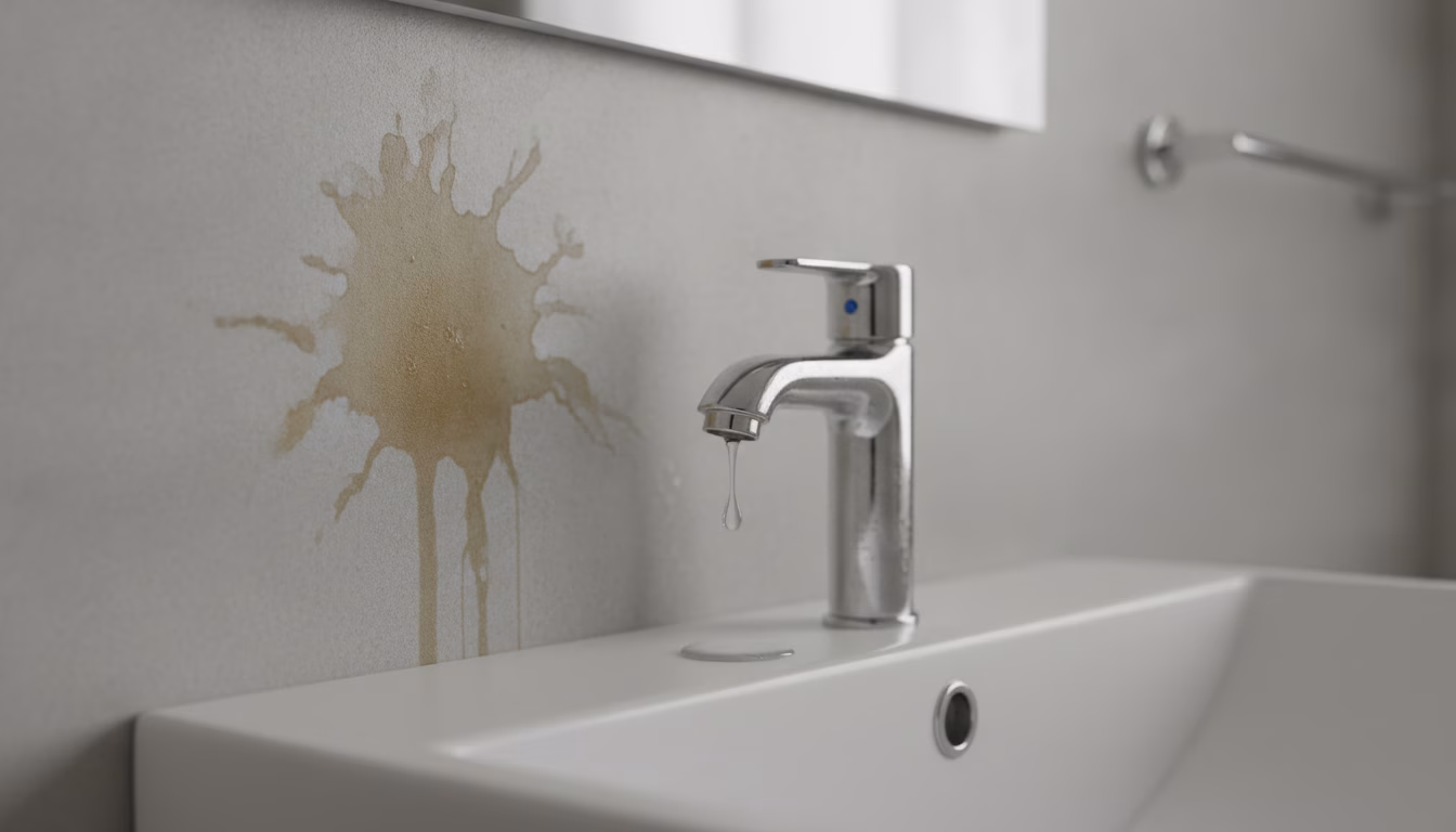 Feuchter Wasserfleck und defekte Sanitärarmatur als Mietmangel in einer Wohnung