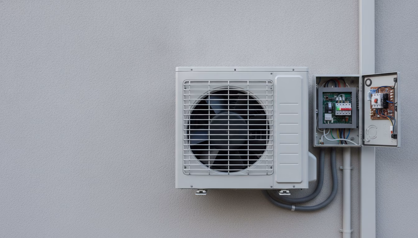 Eine moderne Luft-Wärmepumpe als Außengerät an der Hauswand, daneben ein geöffneter Anschlusskasten mit Stromkreis und FI-Schalter, professionelle Elektroinstallation, kühles Tageslicht, fotorealistis (KI-Bild)