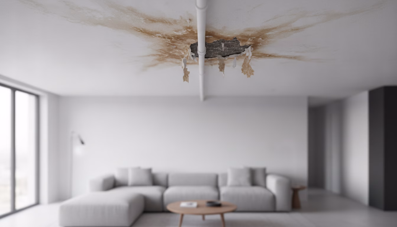 Wasserschaden mit feuchten Flecken an einer Zimmerdecke unterhalb einer Wasserleitung