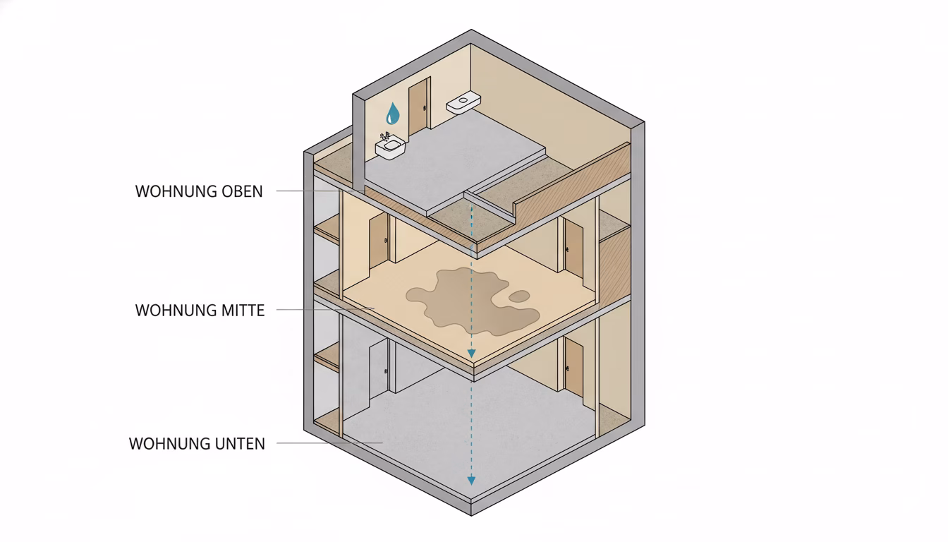 Architectural cross-section illustration of a multi-storey German Mehrfamilienhaus, cut open vertically to show three apartments stacked: the upper apartment has a small leak source marked with a blue (KI-Bild)