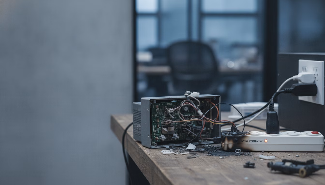 Defektes Elektrogerät und Steckdosenleiste nach einer Stromschwankung