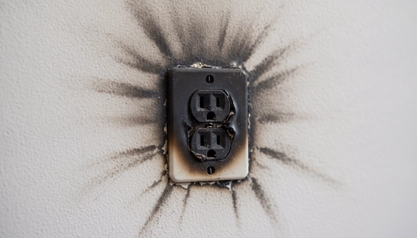 Verschmorte Steckdose mit Rußspuren nach einem Elektrobrand