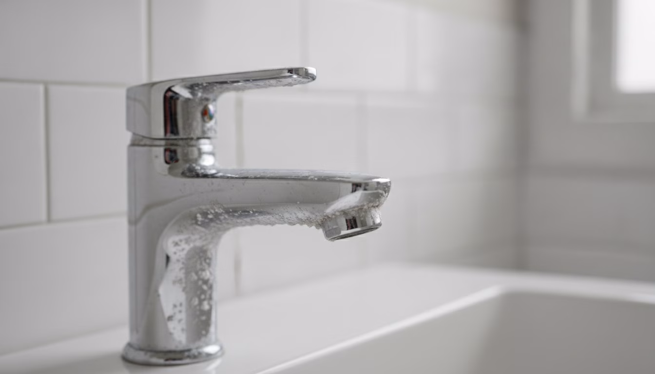 Kalkablagerungen an einem Wasserhahn als Folge hoher Wasserhärte