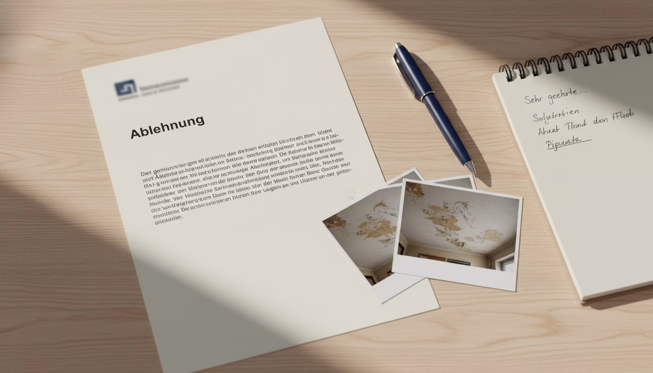 Editorial photorealistic flat-lay shot from above of an opened formal letter on a light wooden desk: the letterhead is visible but blurred / generic, and only the word "Ablehnung" is legible at the to (KI-Bild)