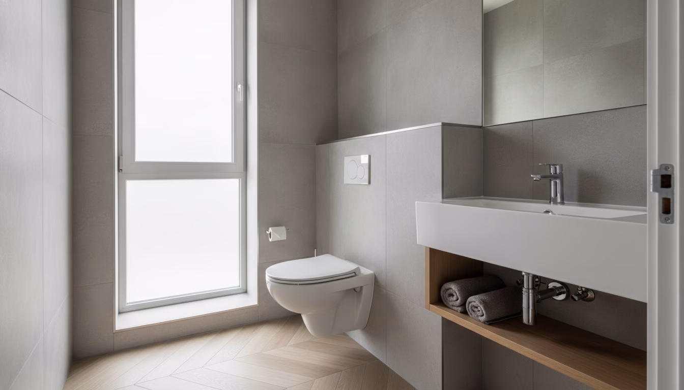 Kompaktes Gäste-WC mit Eck-Waschtisch auf kleinem Grundriss