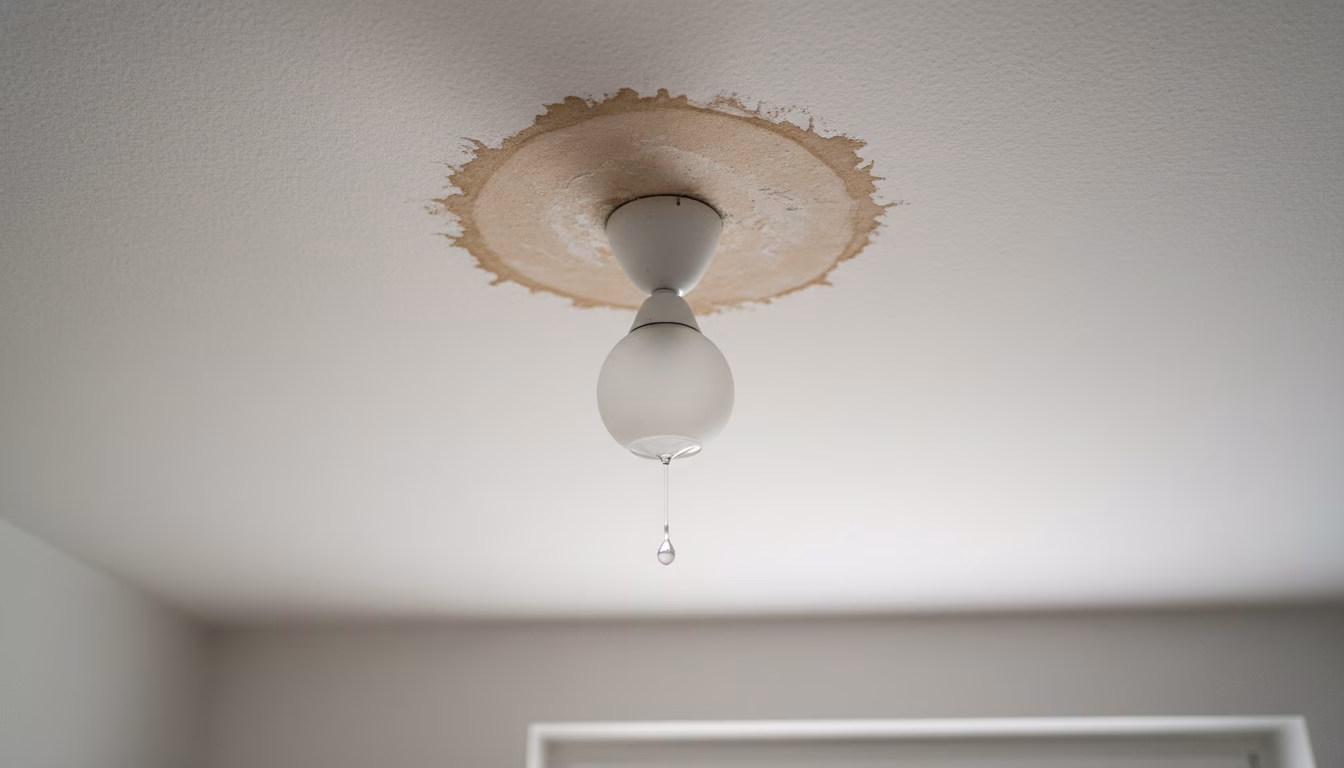 Editorial photorealistic shot looking up at a German Wohnzimmer ceiling from below: a visible water-stain ring spreading across the white ceiling near a pendant lamp fixture; a single droplet caught m (KI-Bild)