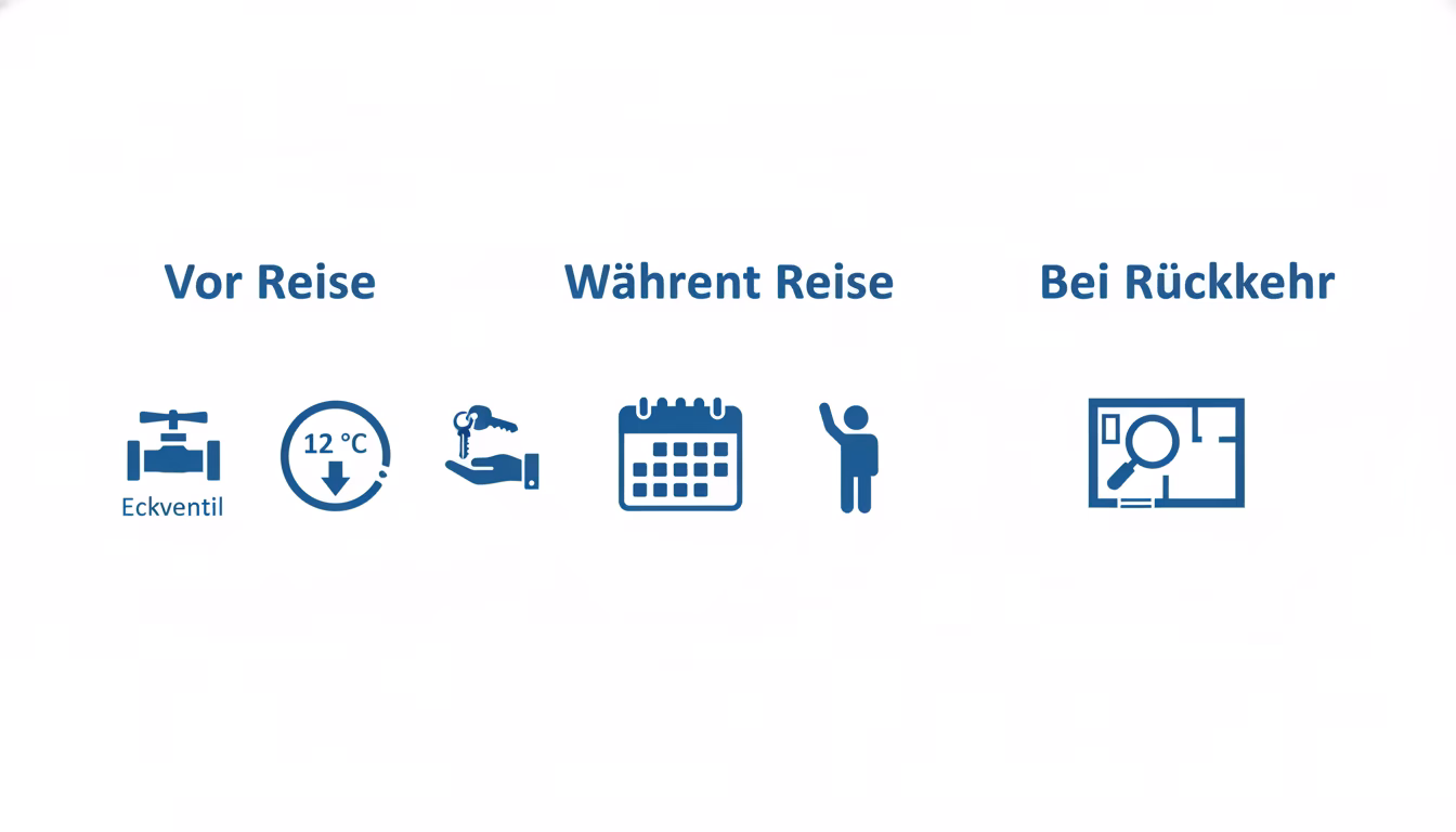 A clean three-phase horizontal infographic — **Vor Reise**, **Während Reise**, **Bei Rückkehr** — each phase with three small flat icons: phase 1 (Eckventil-icon, thermostat at 12 °C, hand giving keys (KI-Bild)
