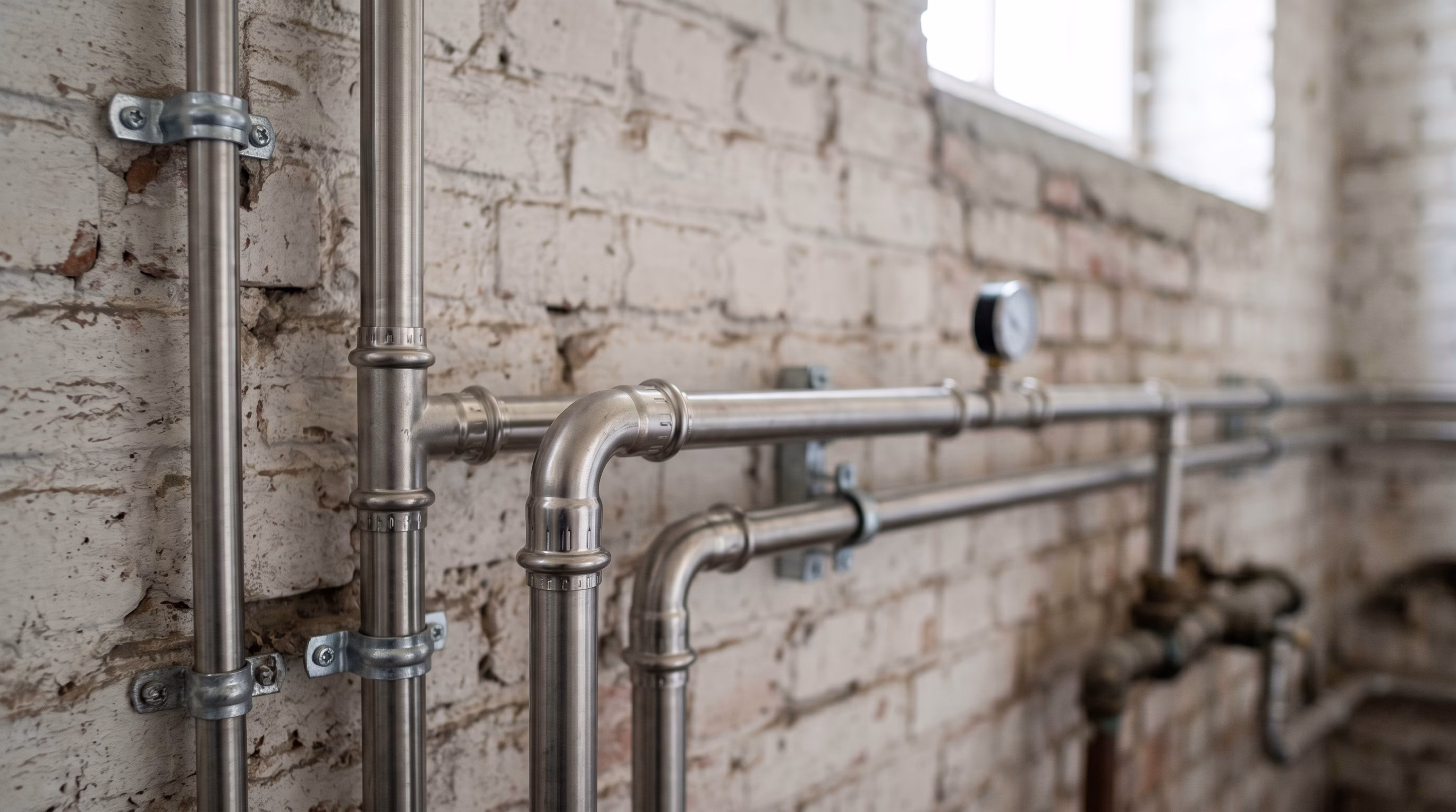 Neue Edelstahl-Wasserrohre beim Tausch alter Leitungen im Altbau