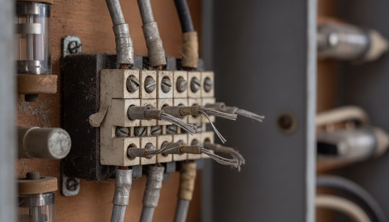 Nahaufnahme alter silbriger Aluminium-Leitungen an einer Klemmleiste in einem geöffneten Altbau-Sicherungskasten, technische Detailaufnahme, gedämpftes Licht, fotorealistische redaktionelle Stockfotog (KI-Bild)