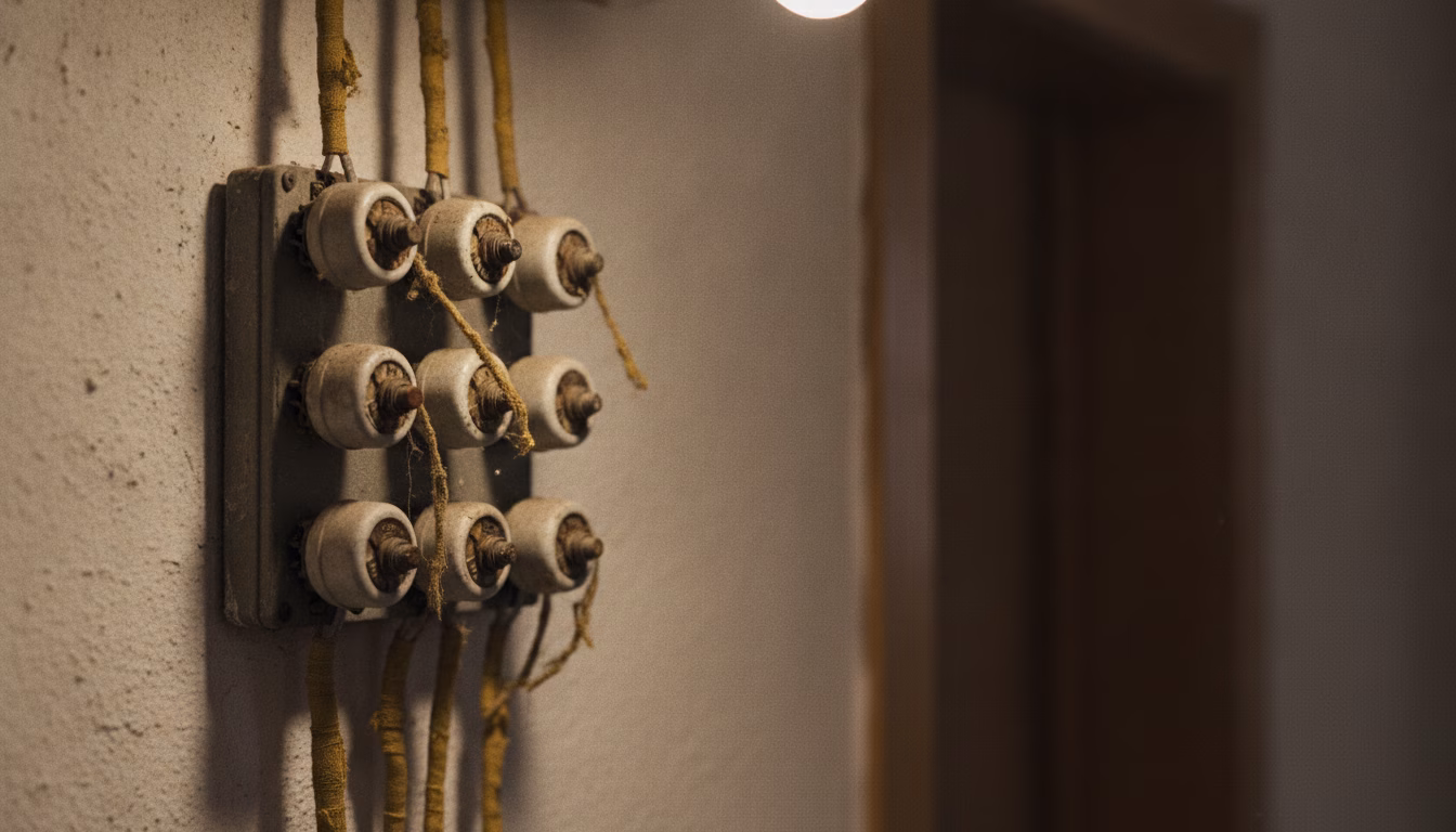 Ein alter veralteter Sicherungskasten mit klassischen Schraubsicherungen und vergilbten Stoffkabeln in einem Altbau, Hinweis auf veraltete Hauselektrik, gedämpftes Licht, fotorealistische redaktionell (KI-Bild)