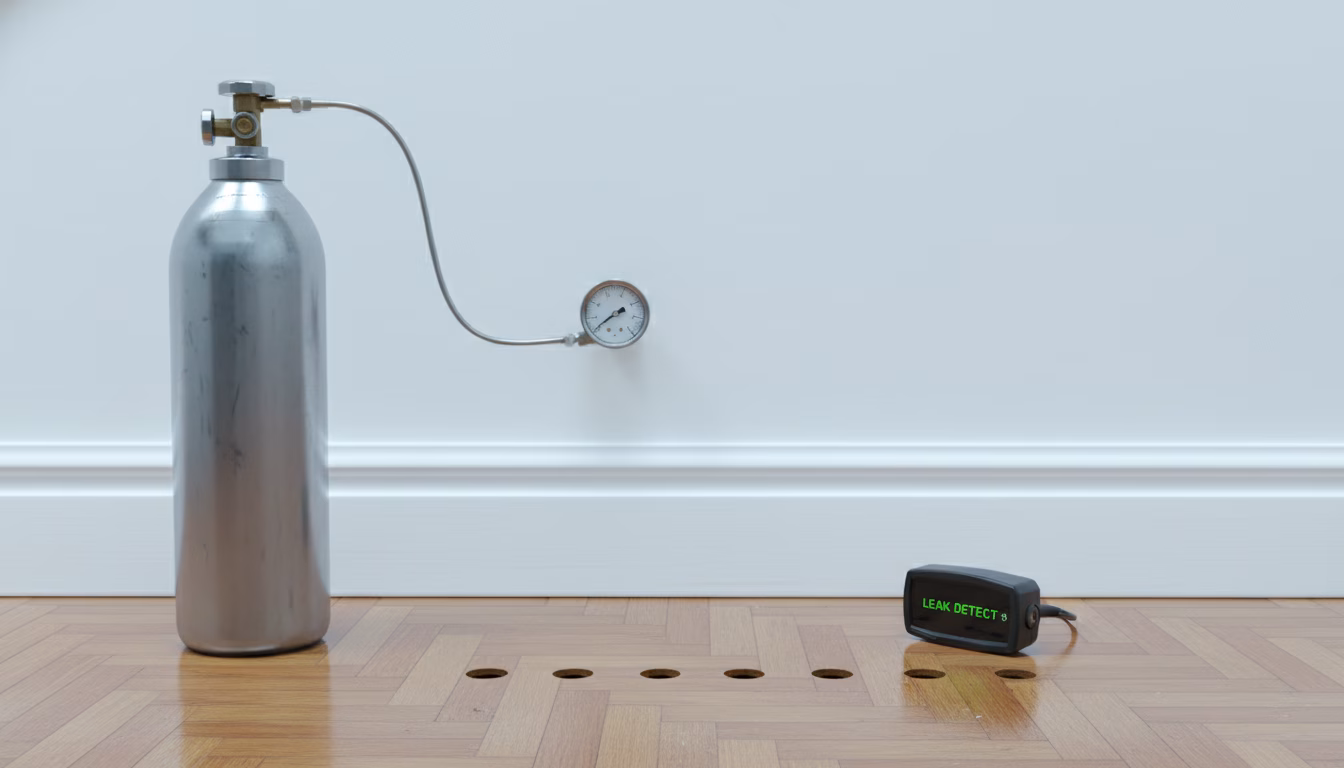 Photorealistic close-up of a Tracer-Gas detection setup: a steel gas cylinder (unlabeled / generic) connected via a thin tube to a small wall-mounted gauge, with a separate handheld gas detector devic (KI-Bild)