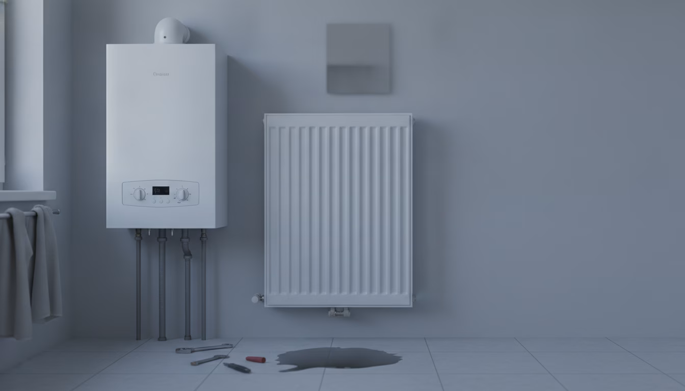 Defekte Gastherme an der Wand eines Badezimmers ohne Warmwasser