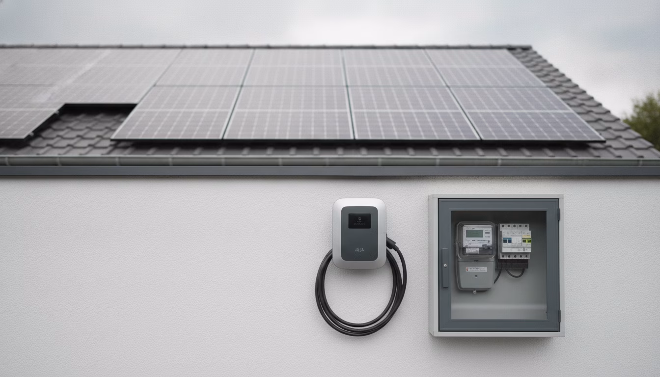 Eine moderne Wallbox-Ladestation an der Außenwand eines Einfamilienhauses neben dem Zählerschrank, im Hintergrund Solarmodule auf dem Dach, fotorealistische redaktionelle Stockfotografie, kühles Tages (KI-Bild)