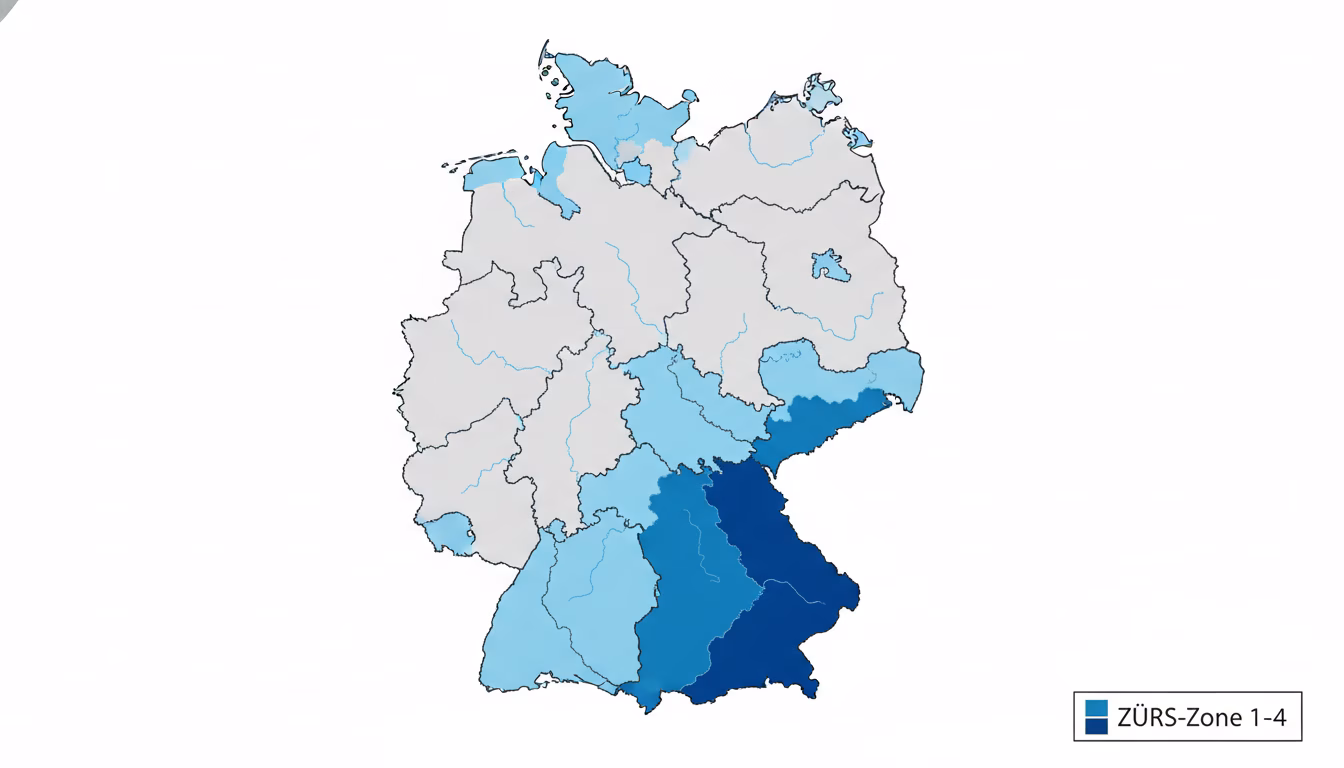 A stylized topographic illustration of Germany showing the four ZÜRS flood zones in graduated colors: pale gray (Zone 1), light blue (Zone 2), deeper blue (Zone 3), saturated deep blue (Zone 4). Clean (KI-Bild)