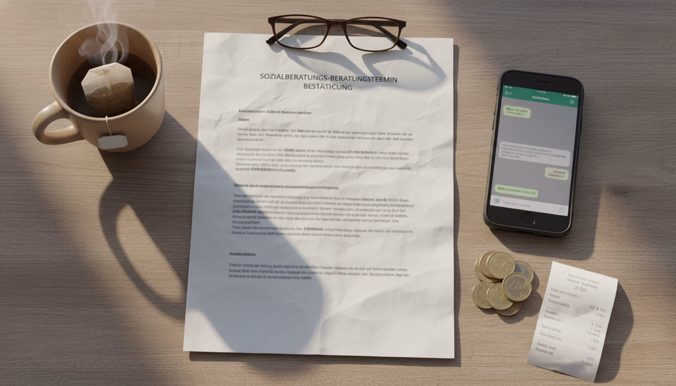 Photorealistic flat-lay shot of a desk with a printed German Sozialberatungs-Beratungstermin Bestätigung (text blurred), a smartphone showing a generic chat/helpline interface (no logos), a small set (KI-Bild)