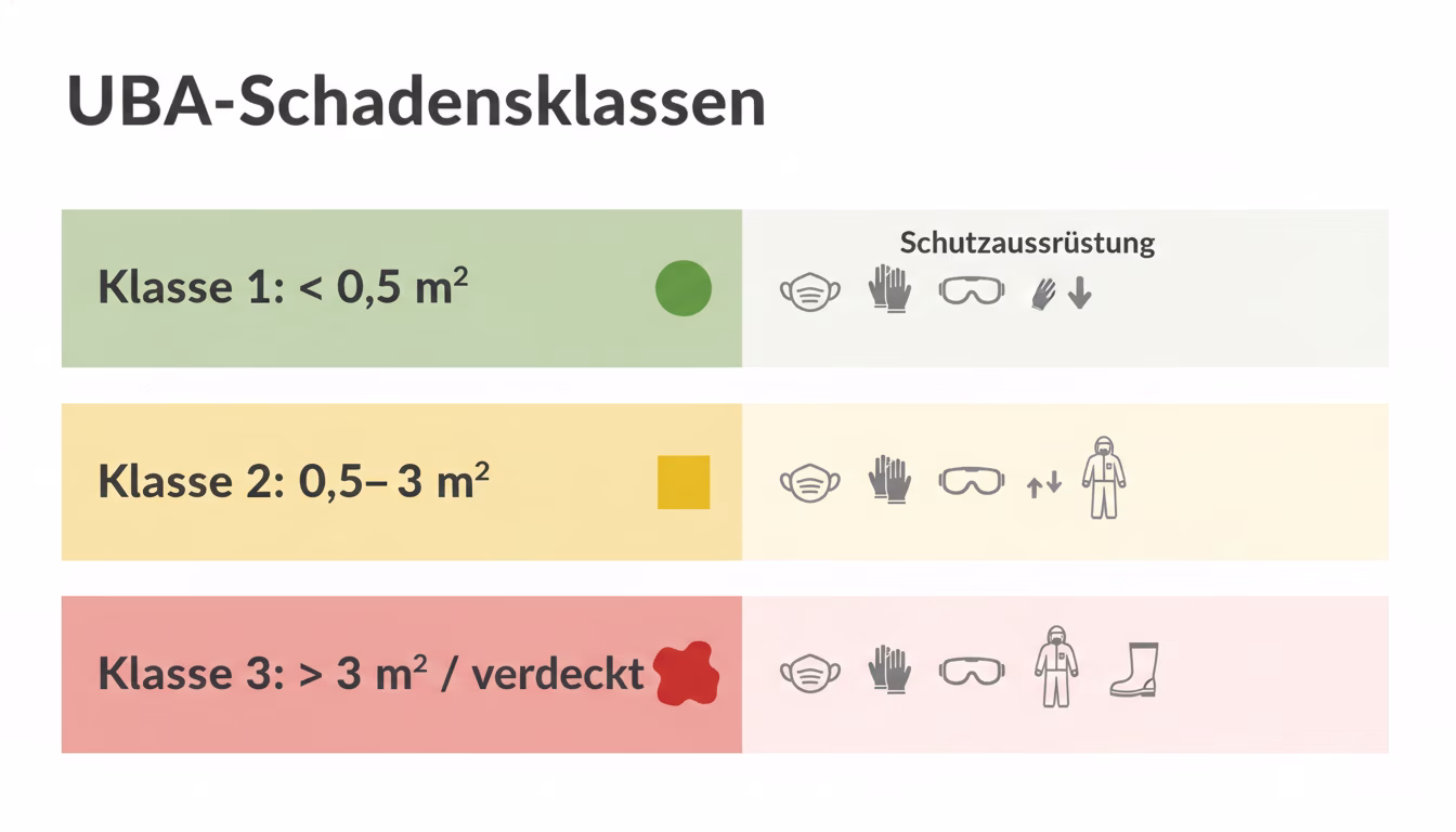 A clean three-tier infographic visualizing the **UBA-Schadensklassen**. Three horizontal panels stacked vertically: **Klasse 1: < 0,5 m²** with a small green dot icon; **Klasse 2: 0,5–3 m²** with a ye (KI-Bild)
