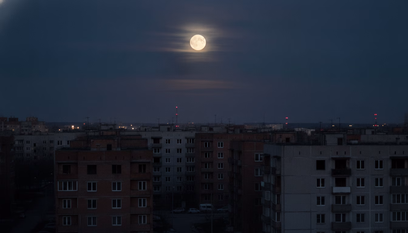 Dunkles Wohnviertel bei Nacht während eines großflächigen Stromausfalls