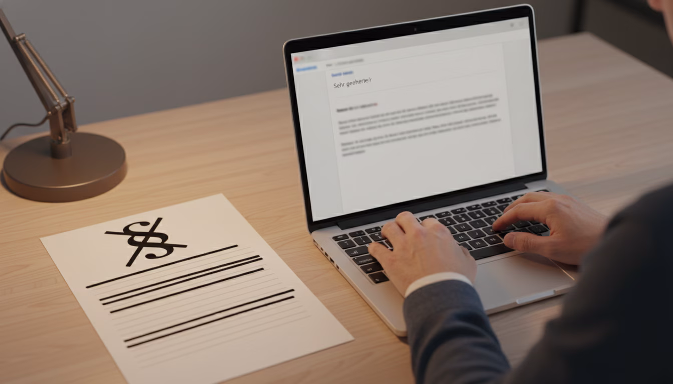 Photorealistic over-the-shoulder shot of an anonymous hand typing on a laptop showing a generic email-draft layout with a German salutation visible ("Sehr geehrte/r ...", text otherwise blurred). A pr (KI-Bild)