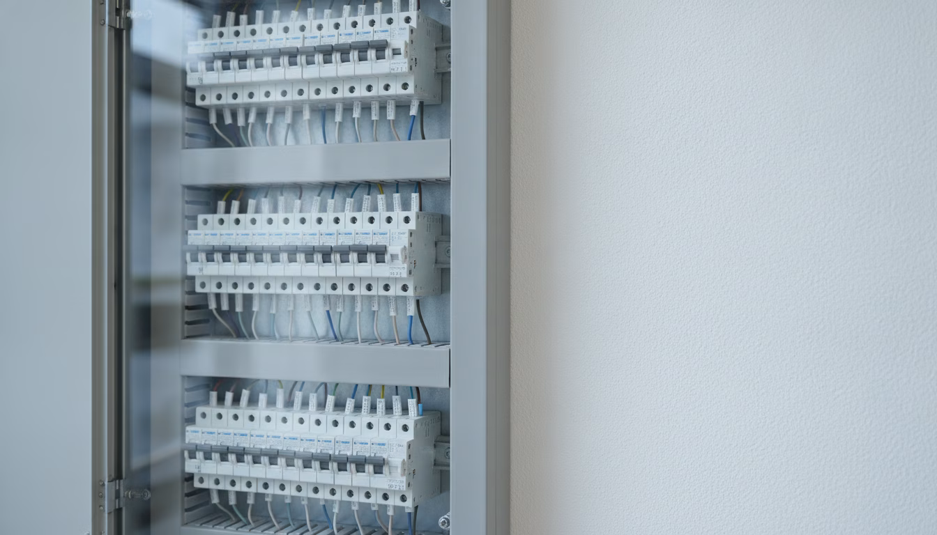 Ein moderner, sauber verdrahteter Sicherungsverteiler mit Reihen weißer Leitungsschutzschalter und FI-Schaltern an einer hellen Wand, professionelle Elektroinstallation, kühles Tageslicht, fotorealist (KI-Bild)