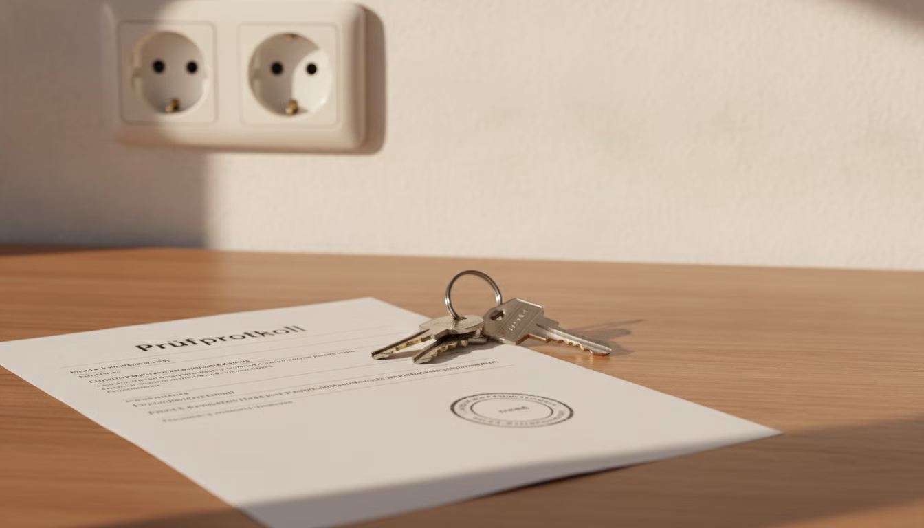 Prüfprotokoll mit Stempel und Wohnungsschlüssel als Symbol für den E-Check für Vermieter