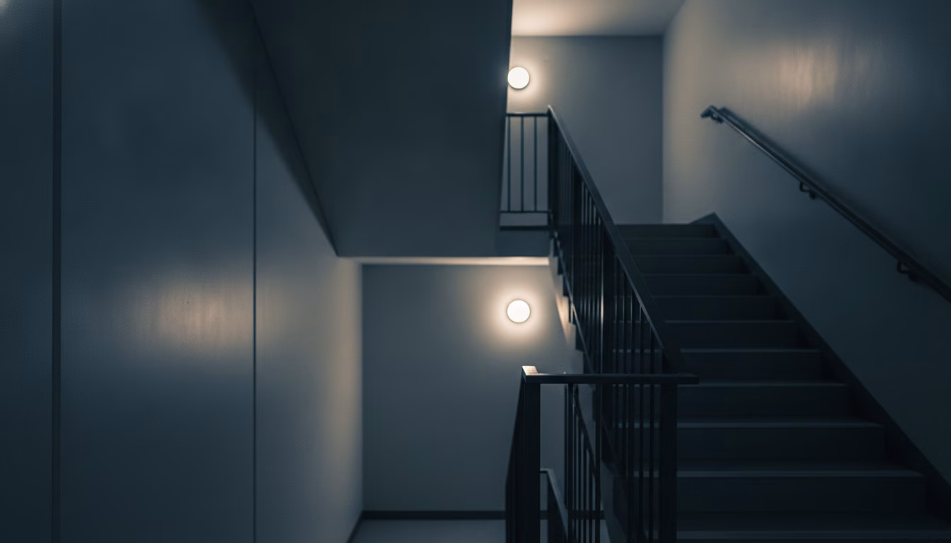 Treppenhaus eines Mehrfamilienhauses mit Notbeleuchtung bei Stromausfall