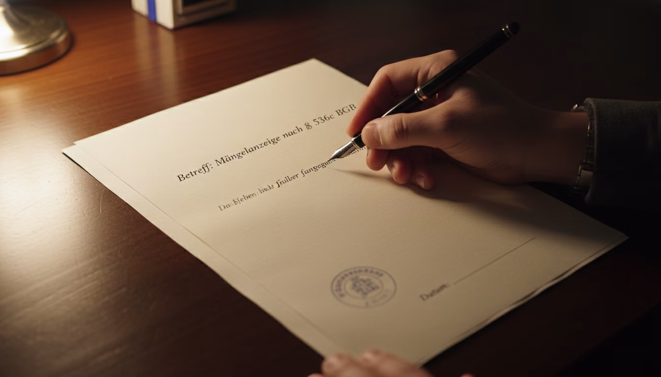 Photorealistic over-the-shoulder shot of an anonymous hand writing the Betreff line of a formal letter —
