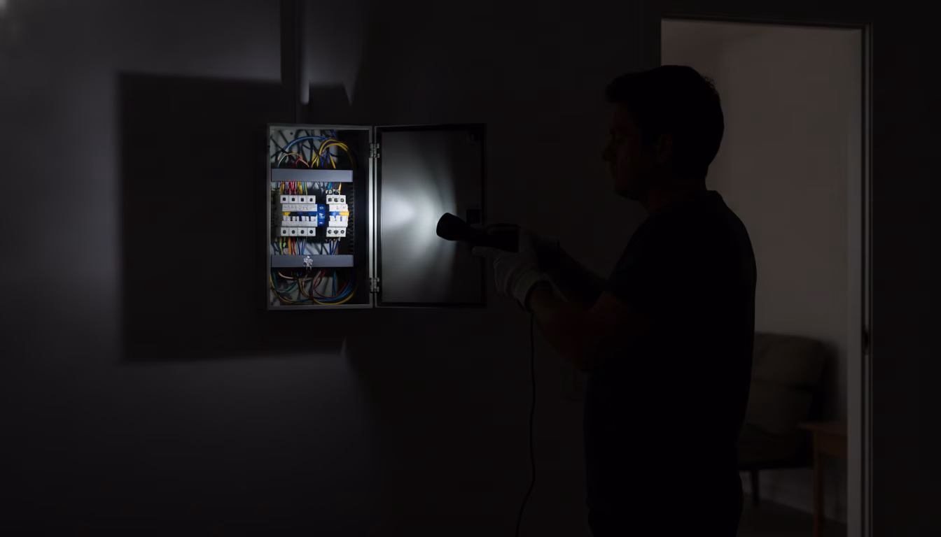 Person prüft mit einer Taschenlampe den Sicherungskasten bei einem Stromausfall
