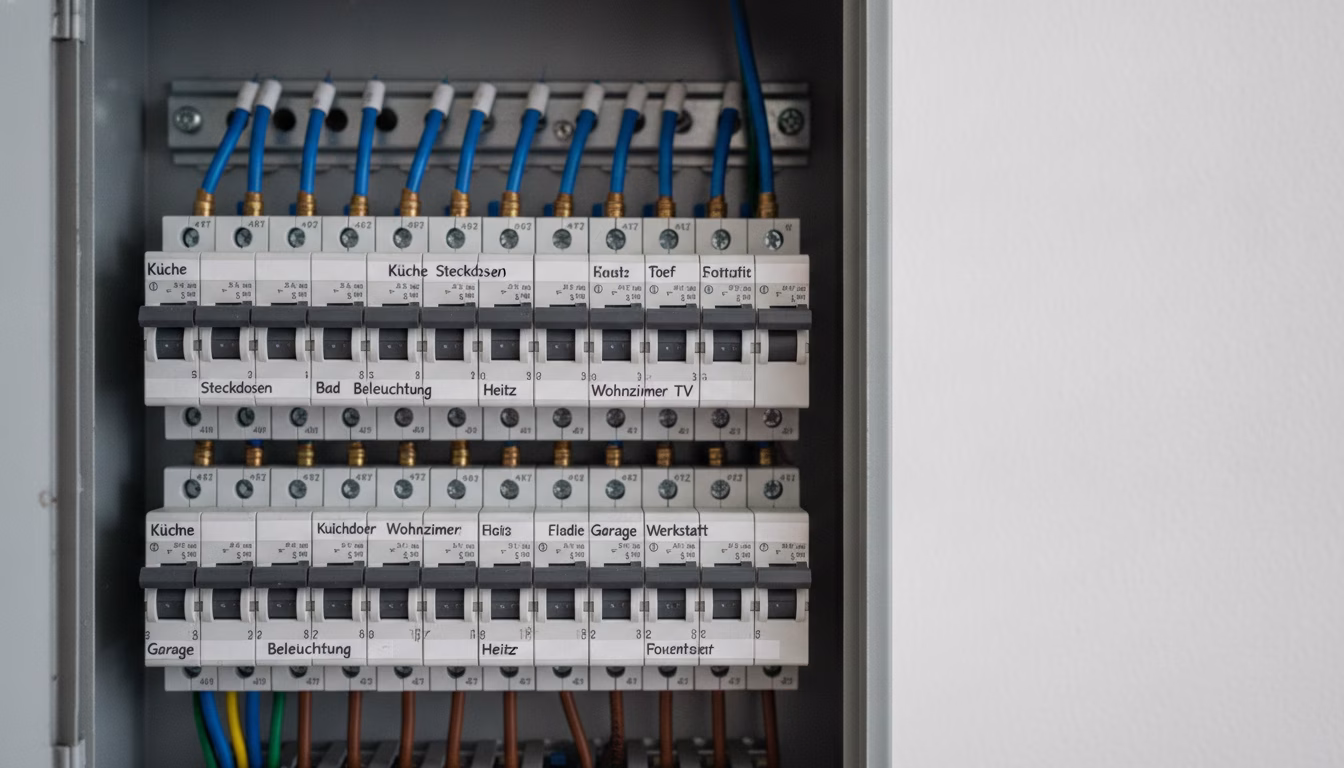 Ein offener Sicherungskasten mit ordentlich beschrifteten Reihen von Leitungsschutzschaltern für verschiedene Stromkreise, klare technische Detailaufnahme, kühles Tageslicht, fotorealistische redaktio (KI-Bild)