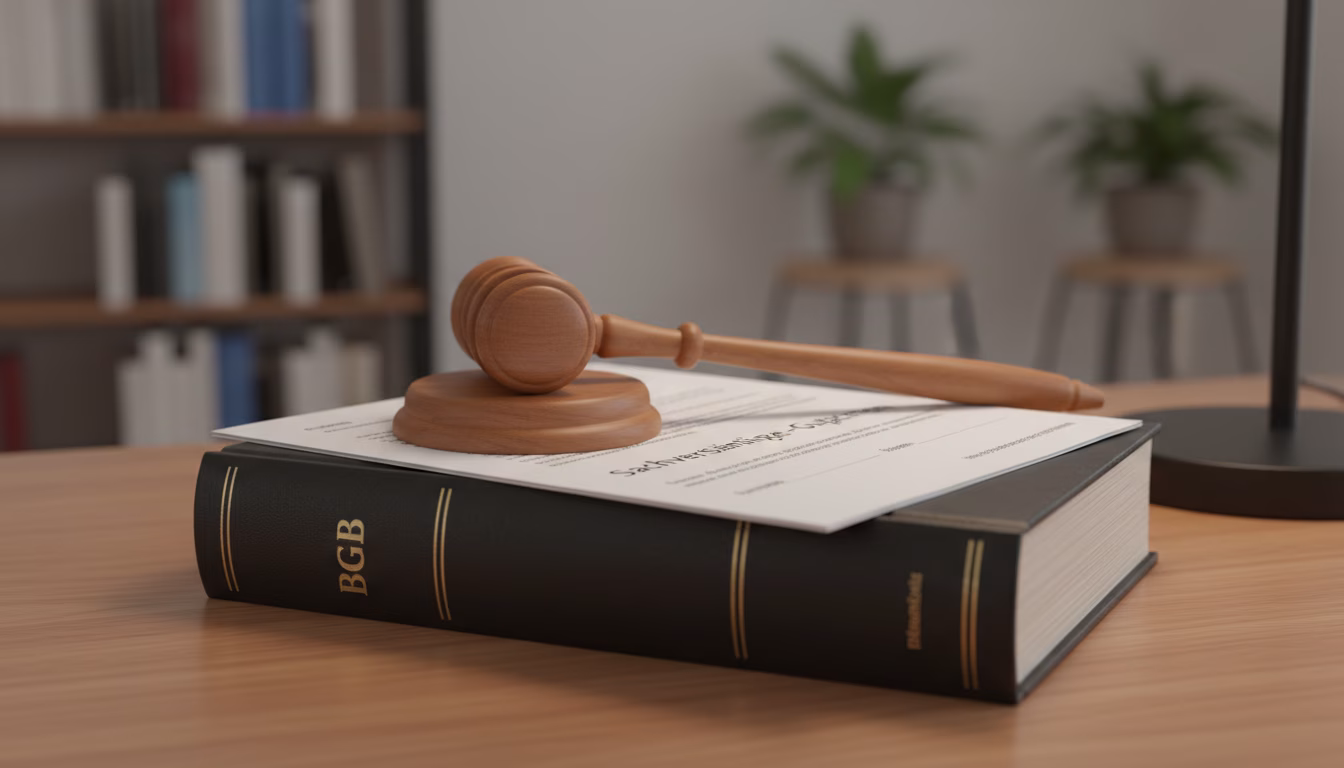 Photorealistic editorial shot of a small stack of relevant items on a tidy desk: a German BGB-Kommentar book (no visible brand on spine — generic dark binding with subtle gold