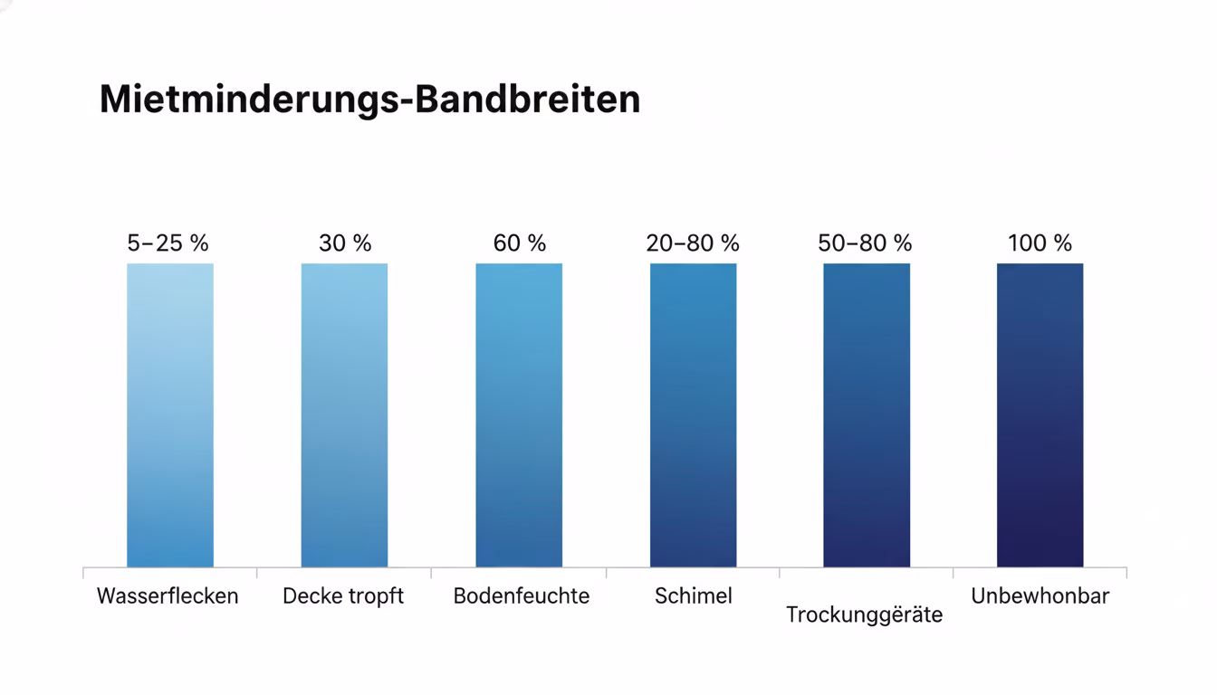 A clean editorial bar-chart-style infographic of Mietminderungs-Bandbreiten. Vertical bars from left to right labeled: **Wasserflecken (5–25 %)**, **Decke tropft (30 %)**, **Bodenfeuchte (60 %)**, **S (KI-Bild)