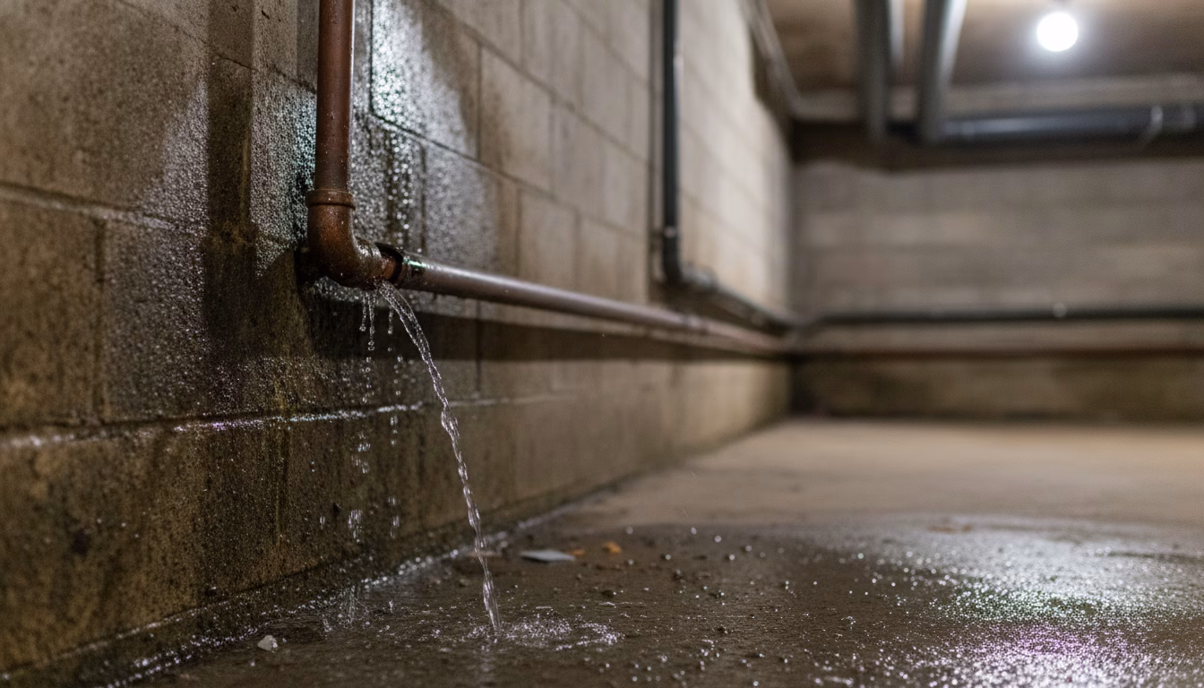 Wasser tritt aus einem gebrochenen Kupferrohr an einer Wand im Keller eines Mehrfamilienhauses, feuchte Spuren am Mauerwerk, technische Stimmung, fotorealistische redaktionelle Stockfotografie, gering (KI-Bild)