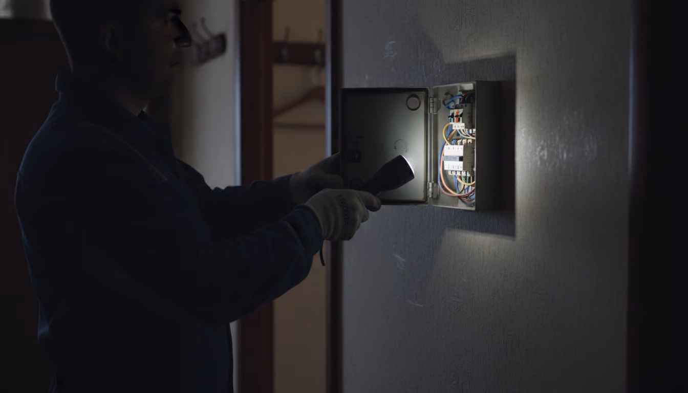 Eine Person leuchtet mit einer Taschenlampe in einen geöffneten Sicherungskasten in einem dunklen Hausflur während eines Stromausfalls, ruhige konzentrierte Stimmung, fotorealistische redaktionelle St (KI-Bild)