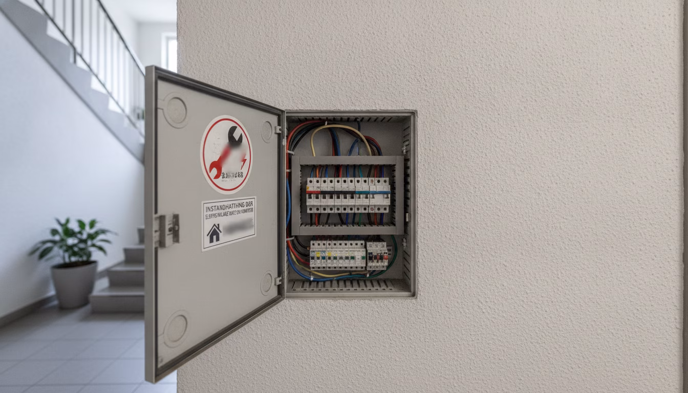 Sicherungskasten im Treppenhaus eines Mehrfamilienhauses mit Prüfplakette