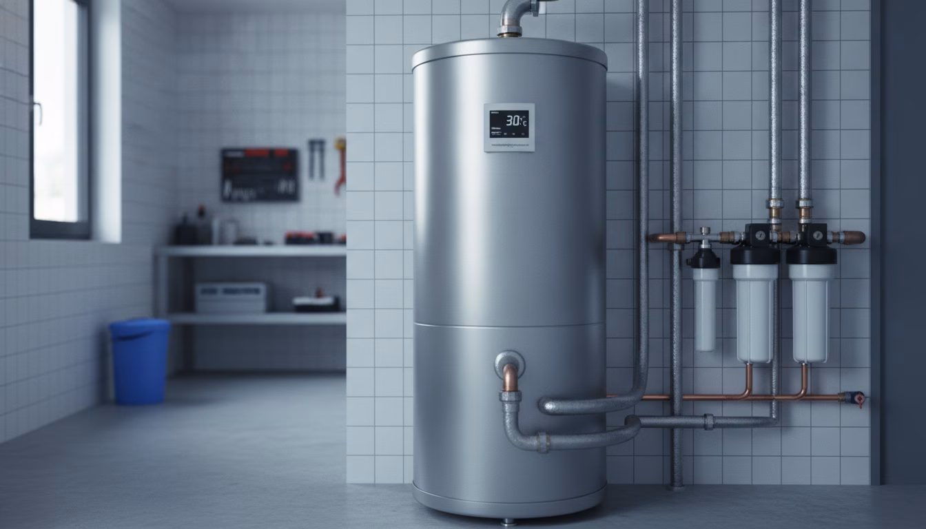 Probenahme am Warmwasserspeicher zur Legionellen-Prüfung im Trinkwasser