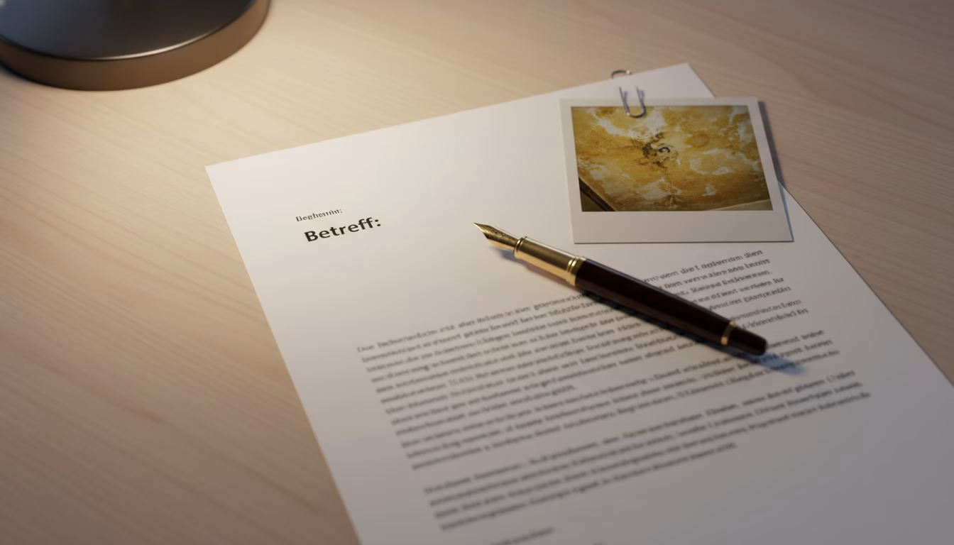 Flat-lay top-down shot of a printed letter mock-up on a light desk surface: a German-style formal letter with a visible