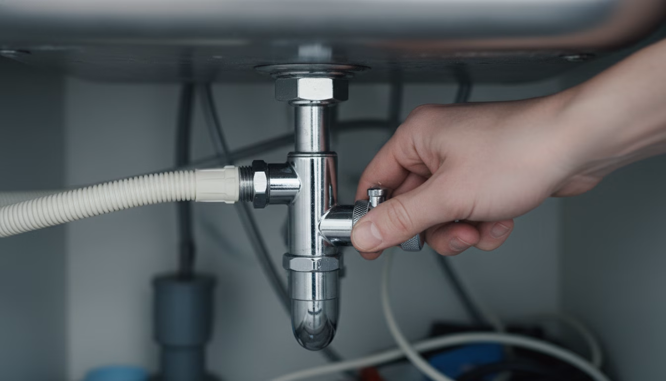 Photorealistic close-up of an anonymous hand reaching down toward a small chrome Eckventil under a kitchen sink, turning it clockwise. Behind: the underside of a typical German sink with a washing mac (KI-Bild)
