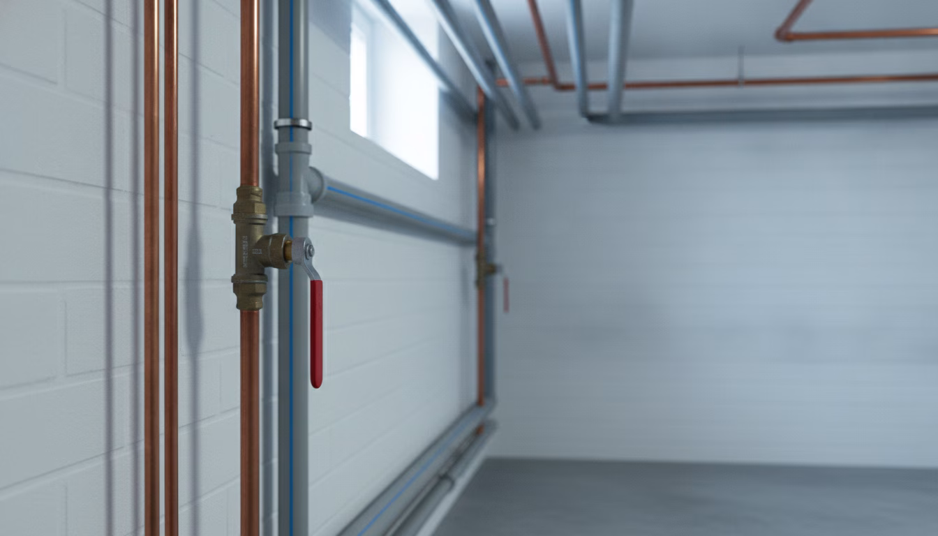 Wasserleitungen und Absperrventil im Keller einer Wohnungseigentümergemeinschaft