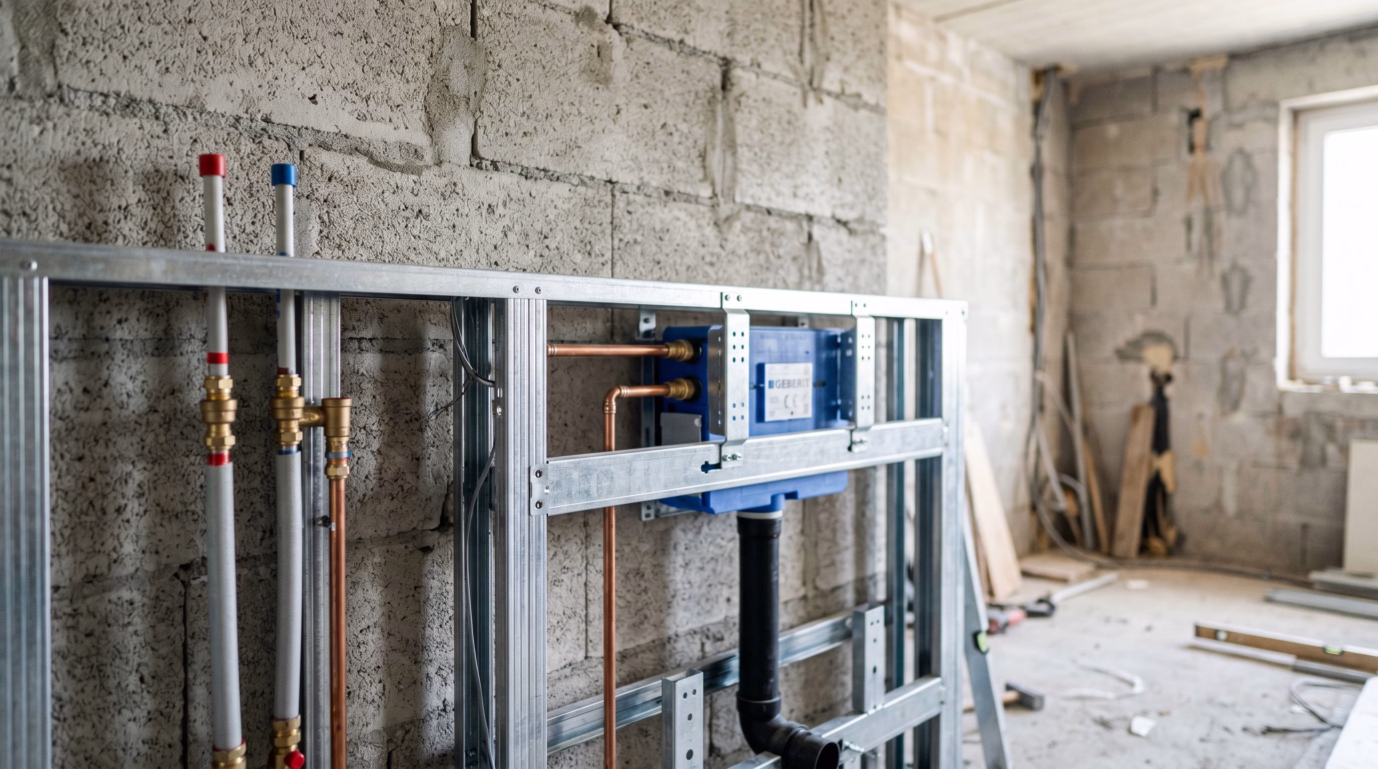 Vorwandinstallation im Bad mit Ständerwerk und Spülkasten vor der Verkleidung