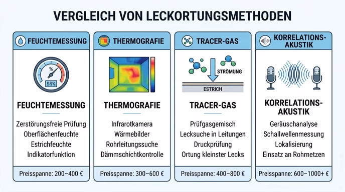 A clean four-column comparison infographic of leakage detection methods: **Feuchtemessung** (icon: humidity gauge), **Thermografie** (icon: thermal heat-map square), **Tracer-Gas** (icon: gas molecule (KI-Bild)
