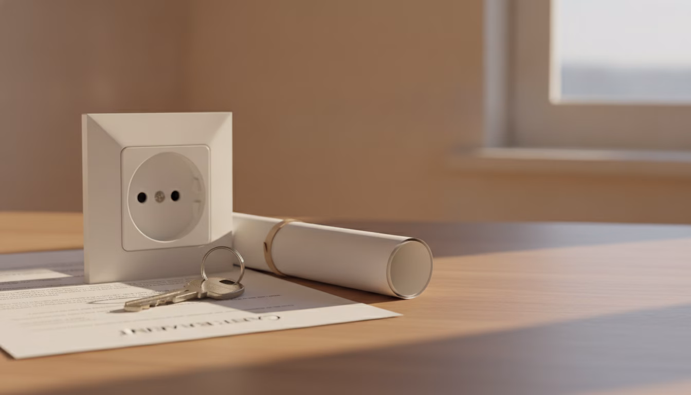 Wohnungsschlüssel, Mietvertrag und Steckdose als Symbol für Elektro im Mietverhältnis