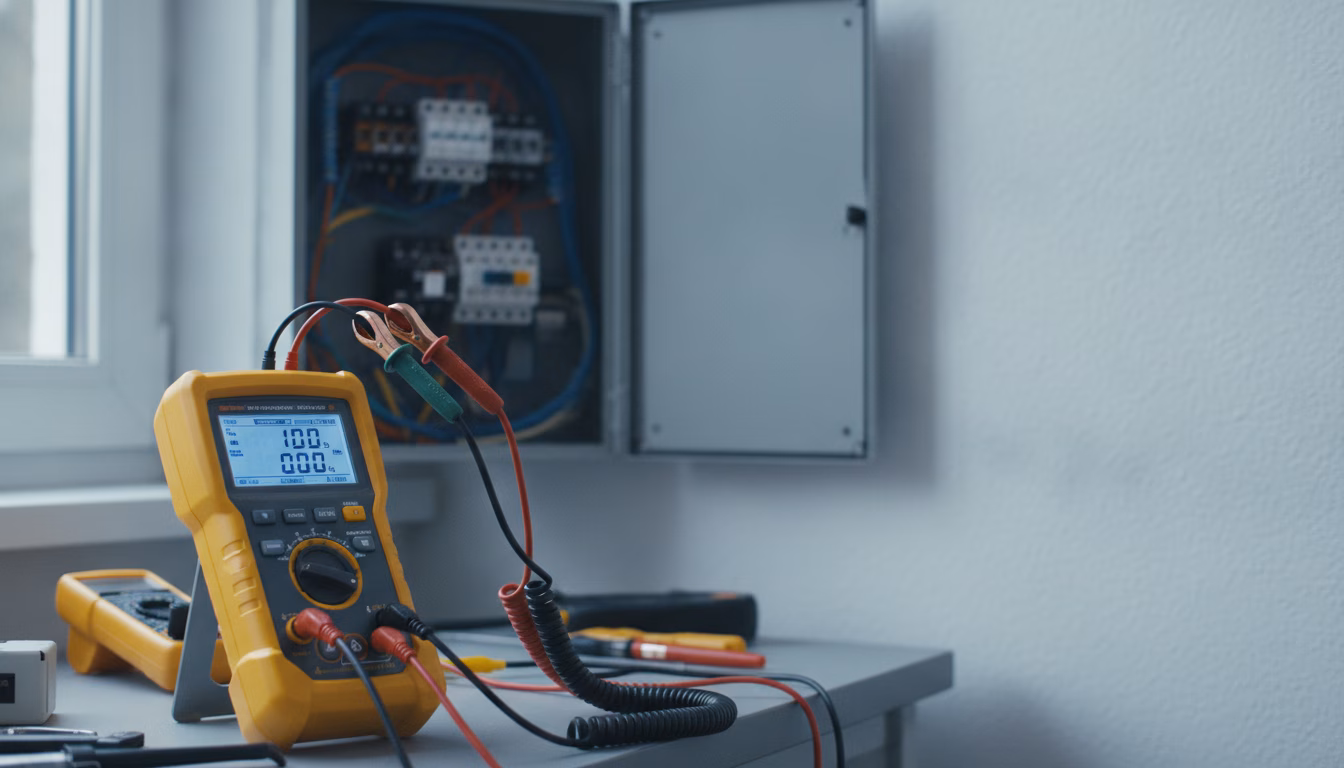 Ein digitales Installationstester-Messgerät mit Prüfkabeln an einem geöffneten Sicherungskasten während einer Elektroprüfung, professionelle E-Check-Szene, kühles Tageslicht, fotorealistische redaktio (KI-Bild)